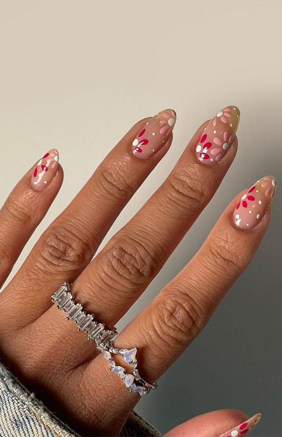 50+ Pretty Spring Colour Nail Ideas & Designs : Pink Flower Sheer Nails