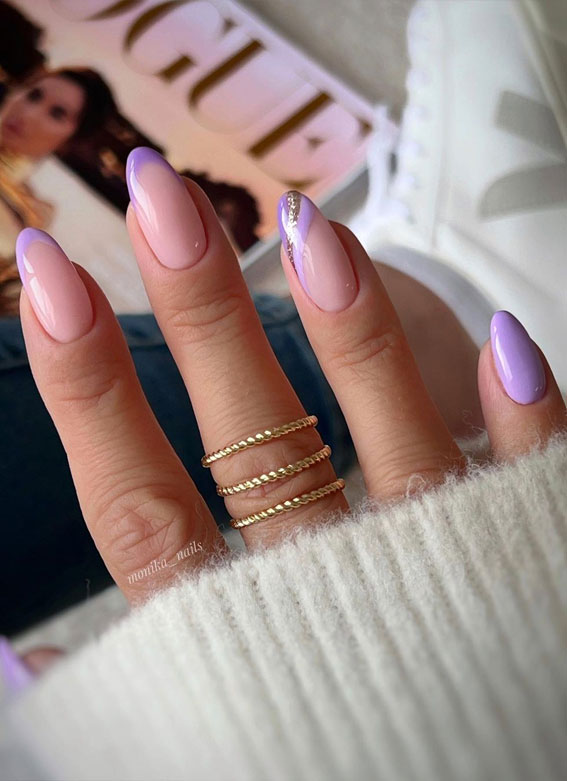 50+ Pretty Spring Colour Nail Ideas & Designs : Soft Lilac French + Glitter Gold