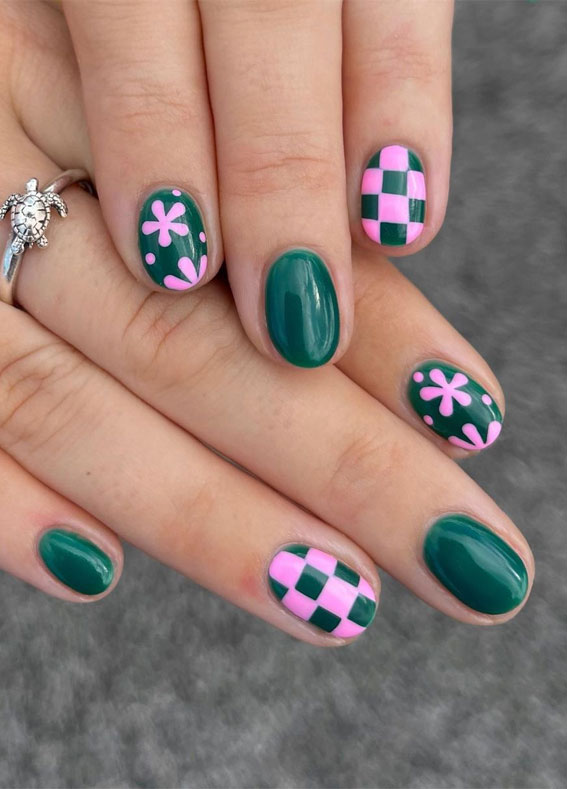50+ Pretty Spring Colour Nail Ideas & Designs : Pink Flower Green Nails