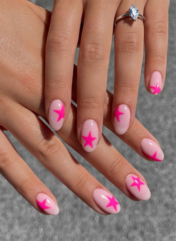 50+ Pretty Spring Colour Nail Ideas & Designs : Bright Pink Star Nails