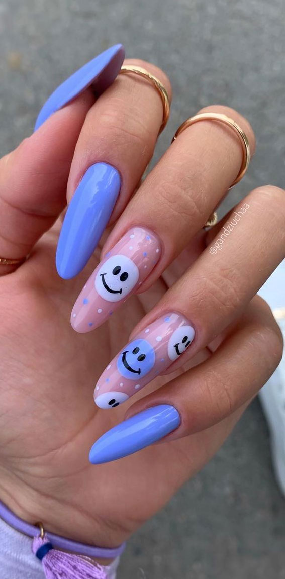 50+ Pretty Spring Colour Nail Ideas & Designs : White & Blue Smiley Face Nails