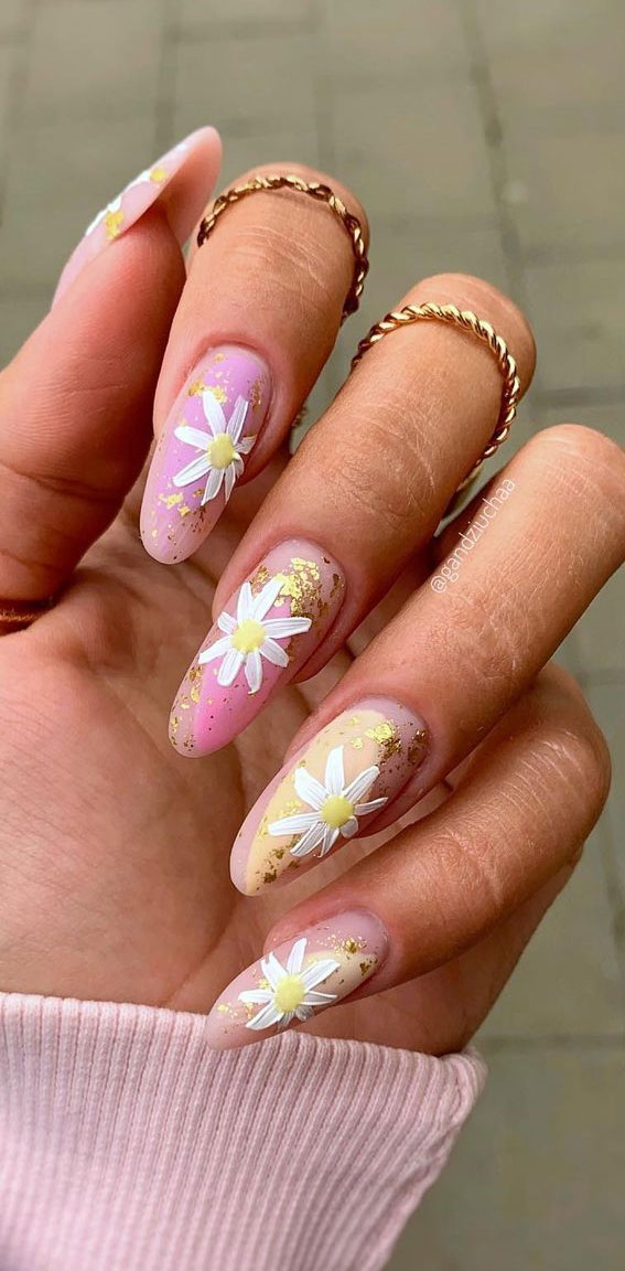 50+ Pretty Spring Colour Nail Ideas & Designs : Daisy Matte Pink Nails with Gold Foil