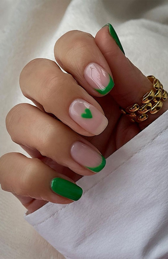 50+ Pretty Spring Colour Nail Ideas & Designs : Green French with Heart