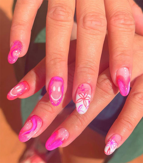 50+ Pretty Spring Colour Nail Ideas & Designs : Flower Outline + Happy Face Pink Nails