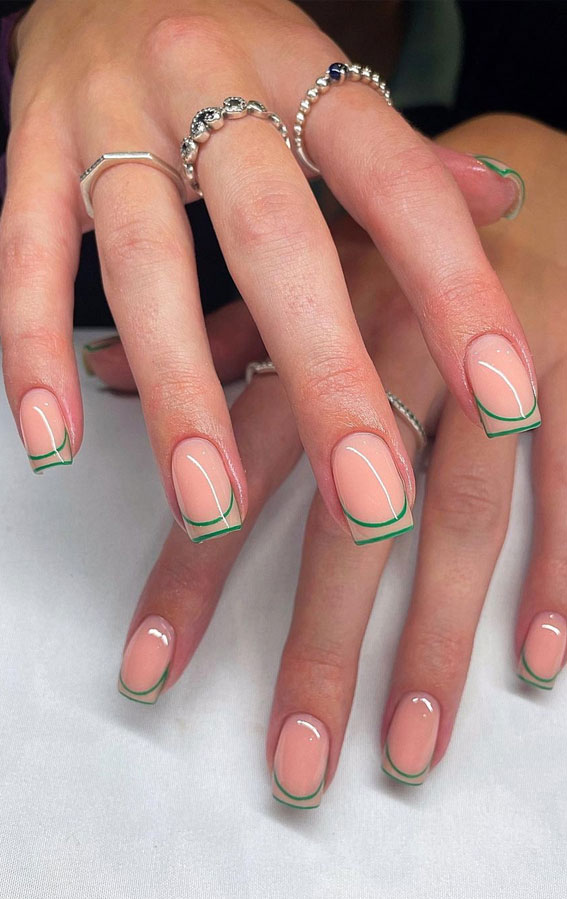 50+ Pretty Spring Colour Nail Ideas & Designs : Double Green French Tips