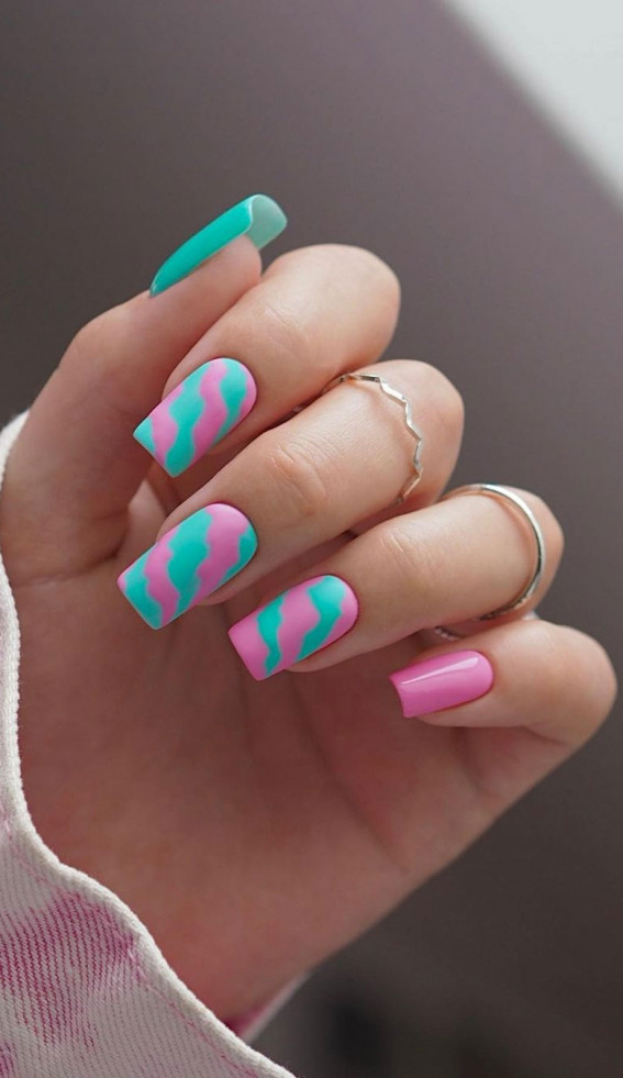 50+ Pretty Spring Colour Nail Ideas & Designs : Bright Teal & Pink Nails