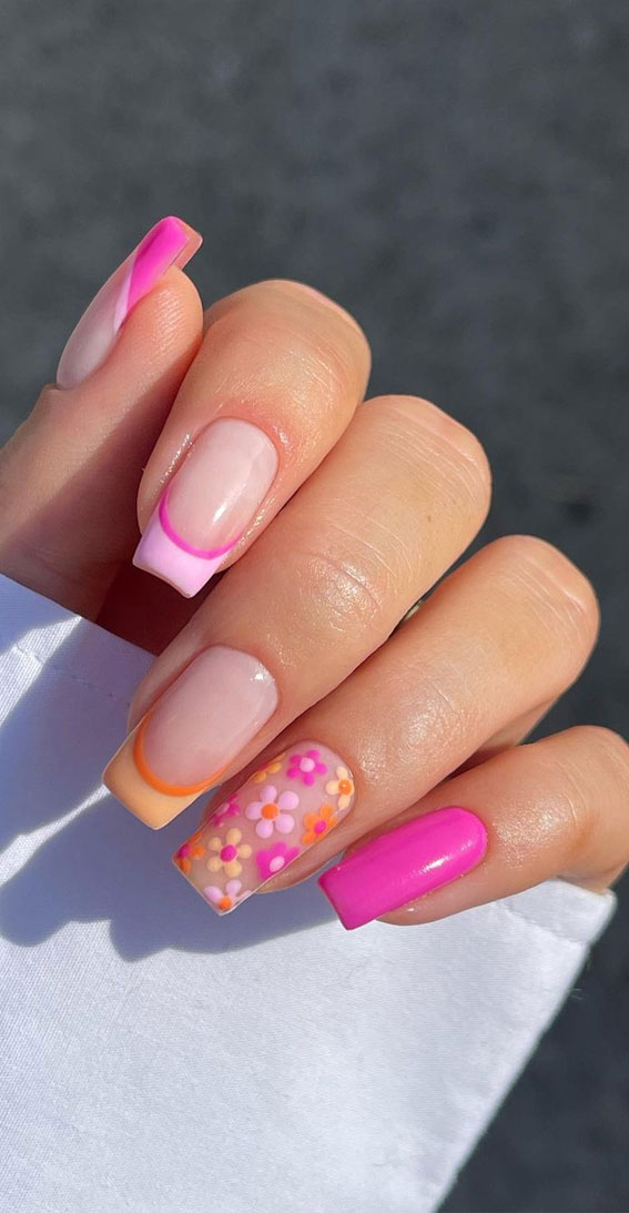 50+ Pretty Spring Colour Nail Ideas & Designs : Orange & Pink Double French