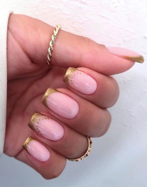 50+ Pretty Spring Colour Nail Ideas & Designs : Double Chrome Gold French Tips