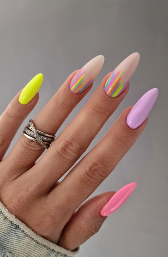 50+ Pretty Spring Colour Nail Ideas & Designs : Mix n Match Pastel Almond Nails