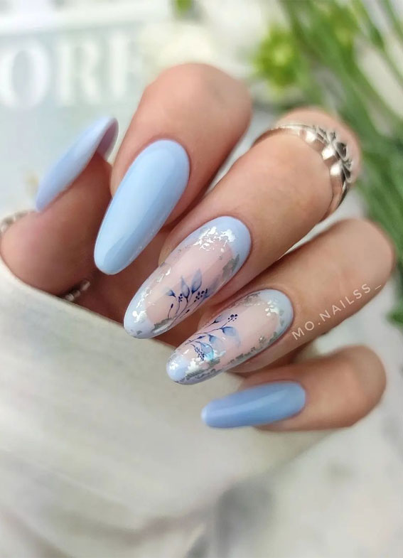 50+ Pretty Spring Colour Nail Ideas & Designs : Blue + Floral Nails