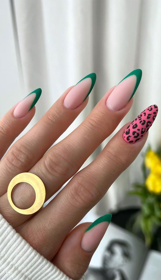 50+ Pretty Spring Colour Nail Ideas & Designs : Pink Leopard Print + Green Tips
