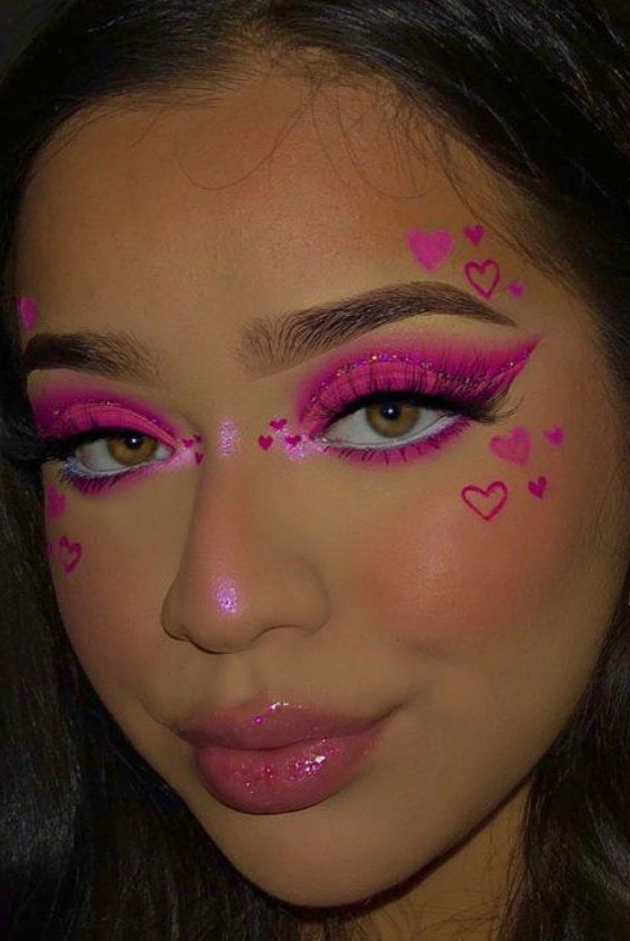 20 Valentine’s day Makeup Ideas 2023 : Bright Pink Love Hearts