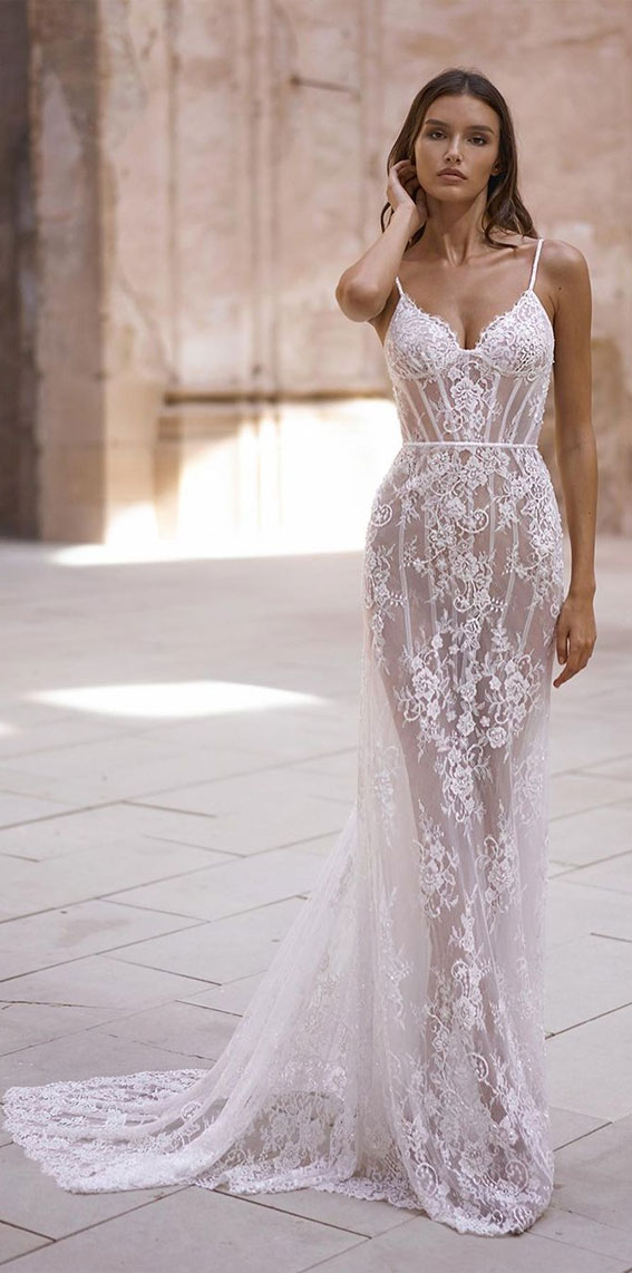 Timeless Wedding Dresses To Lookout : All-over lace V-neck semi-sheer gown