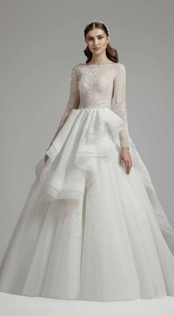 Timeless Wedding Dresses To Lookout : Bateau Neckline Long Sleeves + Layered Skirt