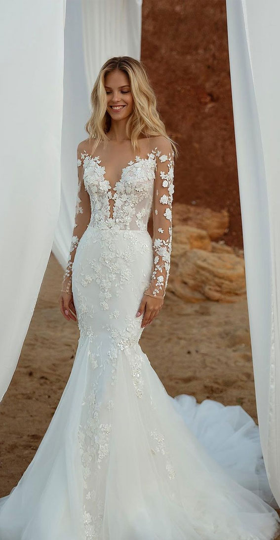 Timeless Wedding Dresses To Lookout :  Mermaid Gown with Long Sleeves + 3D Floral Appliques