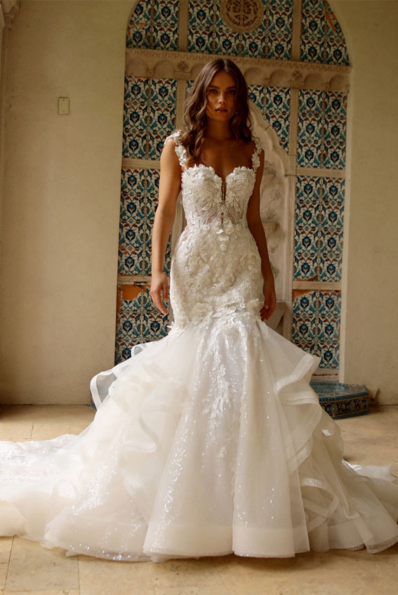 50+ Wedding Dress Trends 2023 : Tiered Skirt Mermaid Wedding Dress