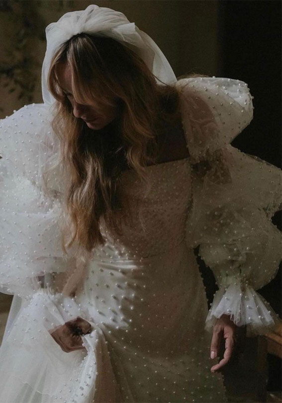50+ Wedding Dress Trends 2023 : Pearl Wedding Dress + Pull Long Sleeves