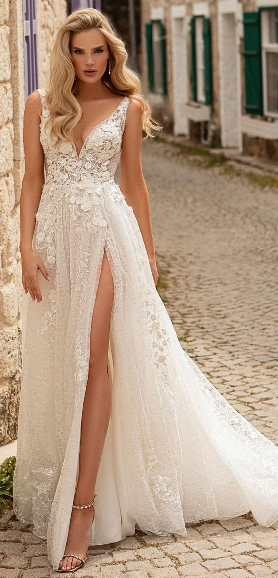 50+ Wedding Dress Trends 2023 : Sleeveless V Neck A-Line Dress