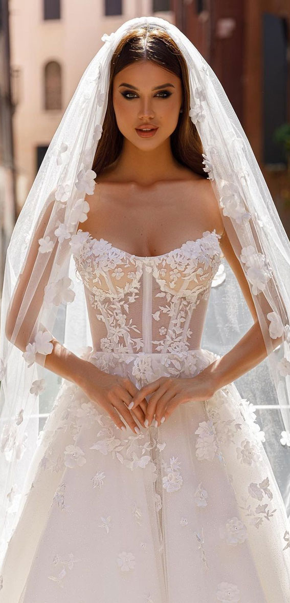 50+ Wedding Dress Trends 2023 : Corset Strapless 3D Floral Applique