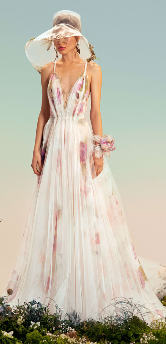 50+ Wedding Dress Trends 2023 : Floral Print Weightless Gown
