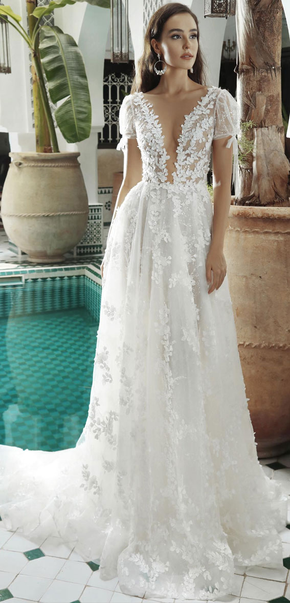 50+ Wedding Dress Trends 2023 : Short Sleeve Botanical Inspired Dress