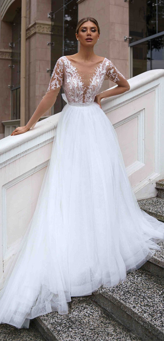 50+ Wedding Dress Trends 2023 : Tulle Skirt Long Sleeves