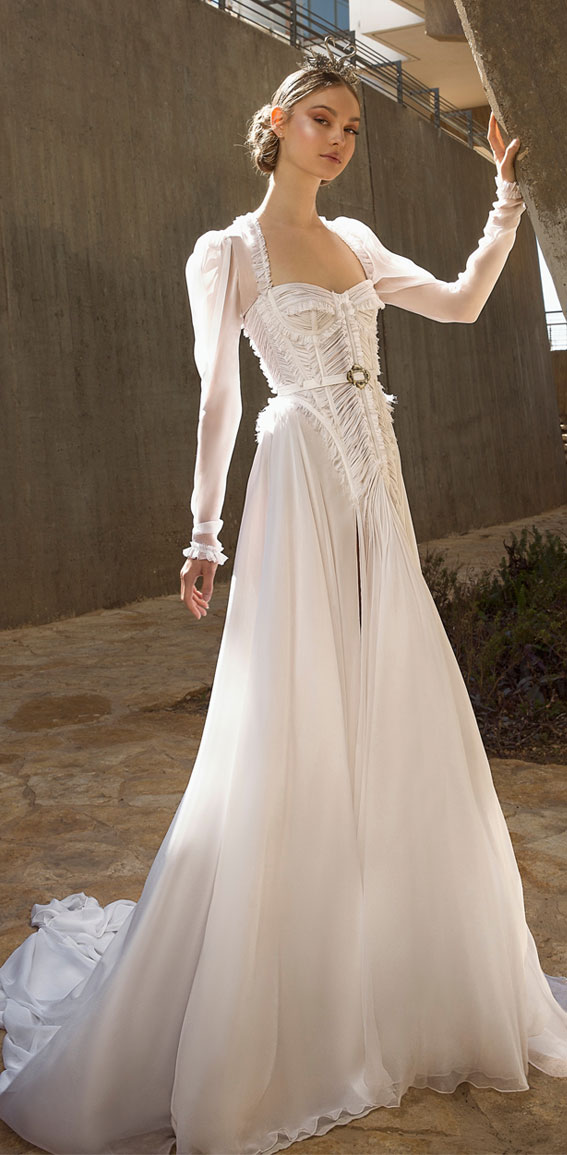 50+ Wedding Dress Trends 2023 : Ruffled Bodice A-Line Dress