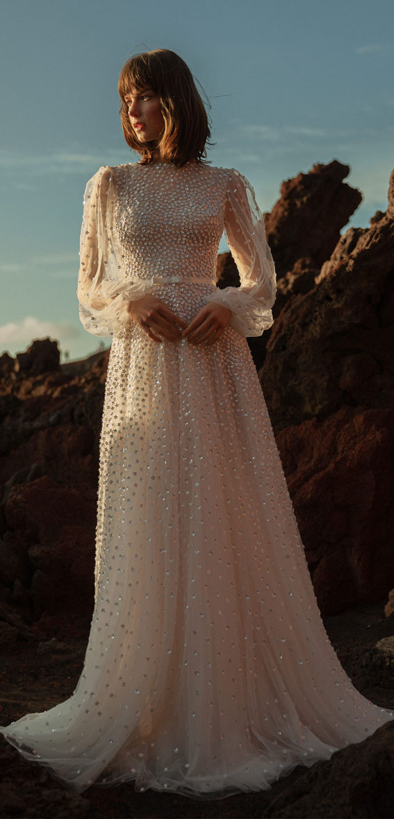 50+ Wedding Dress Trends 2023 : See-Through Long Sleeve Sequin Dress
