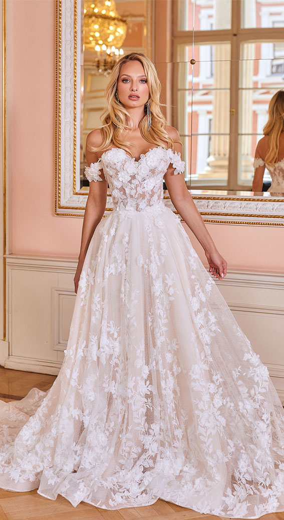 50+ Wedding Dress Trends 2023 : Floral Applique Off The Shoulder Gown