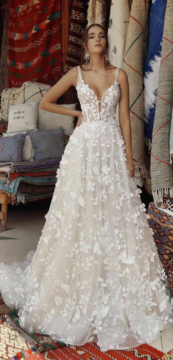 50+ Wedding Dress Trends 2023 :Sleeveless 3D Floral Applique Plunging Neckline