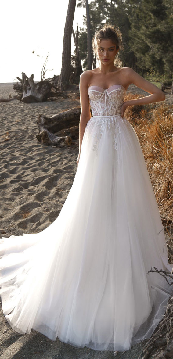 50+ Wedding Dress Trends 2023 : Strapless Corset Tulle Skirt