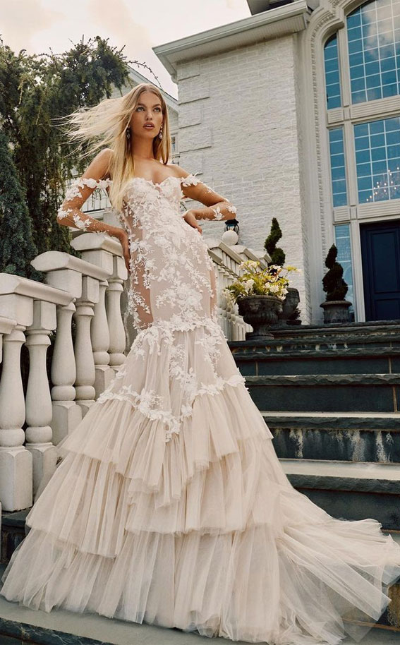 Timeless Wedding Dresses To Lookout : Tiered Mermaid Skirt Off The Shoulder