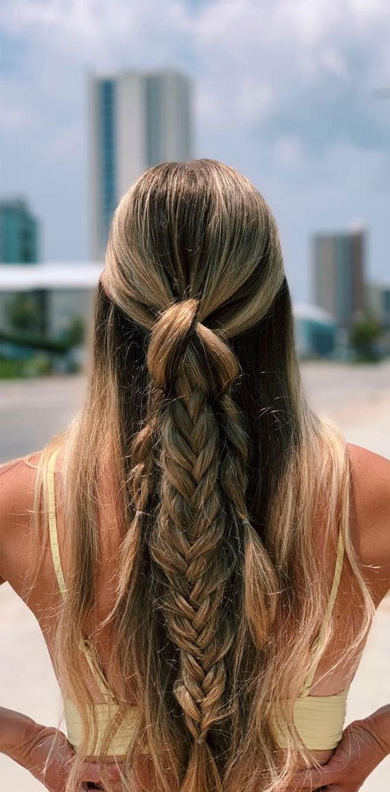 45 Cute Hairstyles for Summer & Beach Days : Braid Knot Half Up