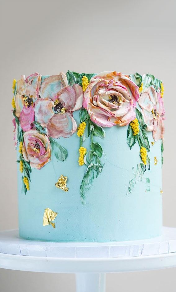 55+ Cute Cake Ideas For Your Next Party : Pink Blooms Blue Cake