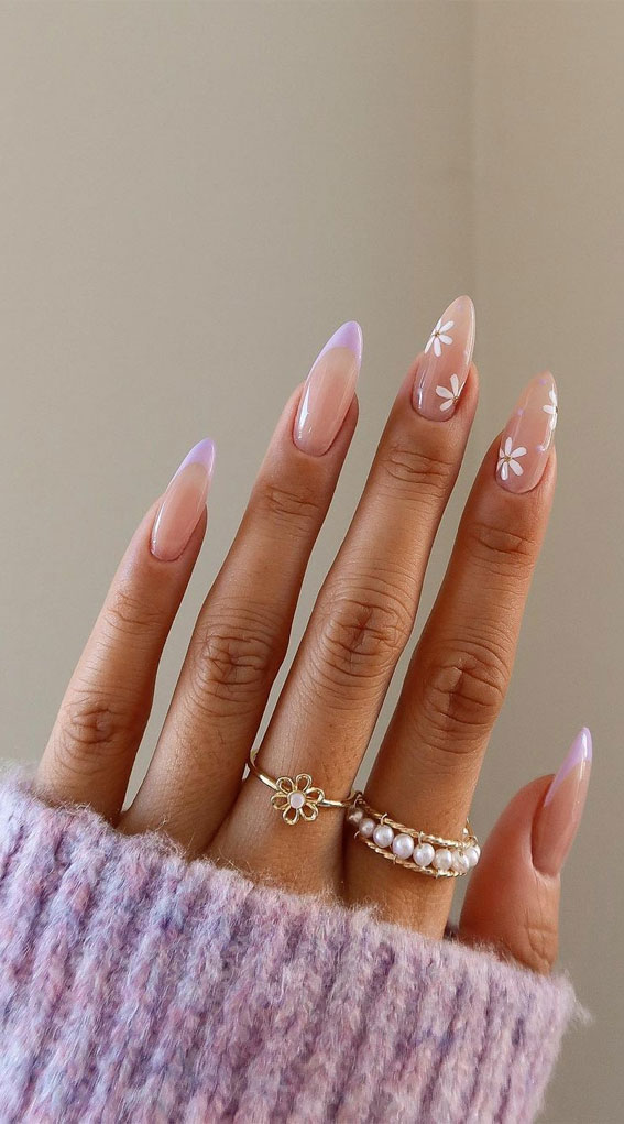 52 Cute Floral Nail Art Designs : Lilac French Tips + Flower Sheer Nails