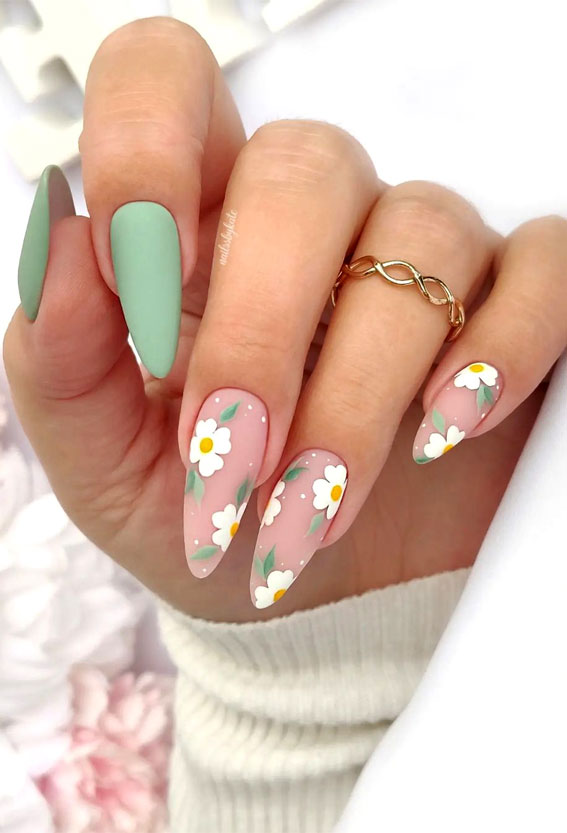 52 Cute Floral Nail Art Designs : Mint Green + Floral Nude Base Nails