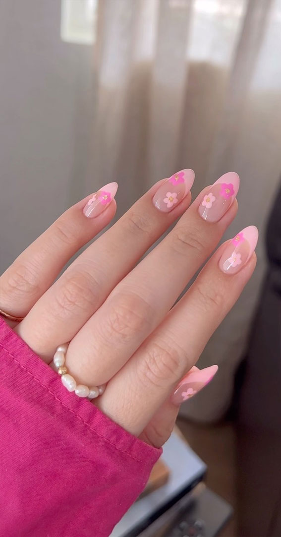 52 Cute Floral Nail Art Designs : Pink Floral & French Tips