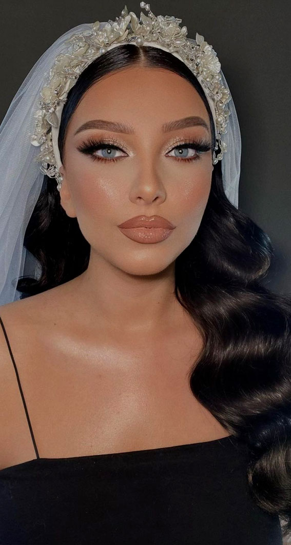 50 Romantic Wedding Makeup Ideas : Glossy Nude Lips + Blue Eyes