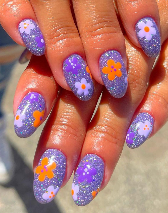 52 Cute Floral Nail Art Designs : Glitter Indigo Floral Nails