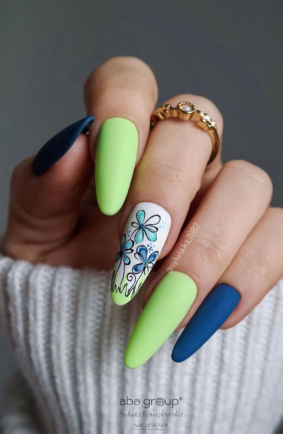 52 Cute Floral Nail Art Designs : Blue & Light Green Nails