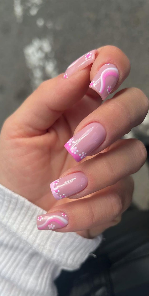 52 Cute Floral Nail Art Designs : Floral & Pink Swirl Gel Nails