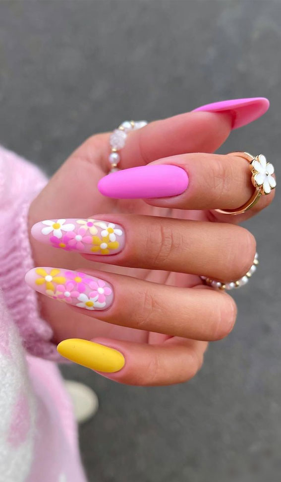 52 Cute Floral Nail Art Designs : Pink & Yellow Flower Almond Nails