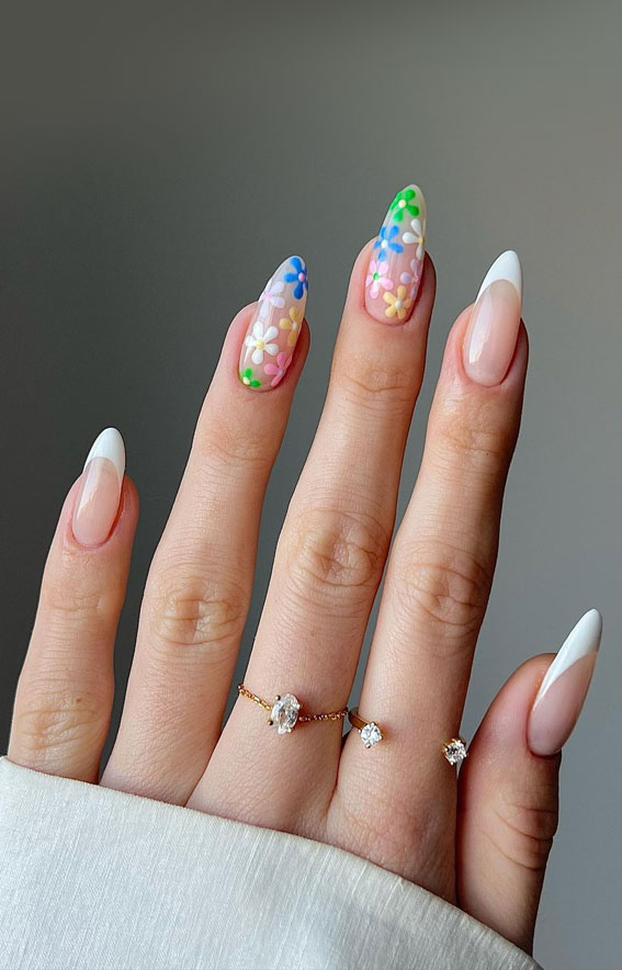 52 Cute Floral Nail Art Designs : Floral Sheer Nails + White Tips