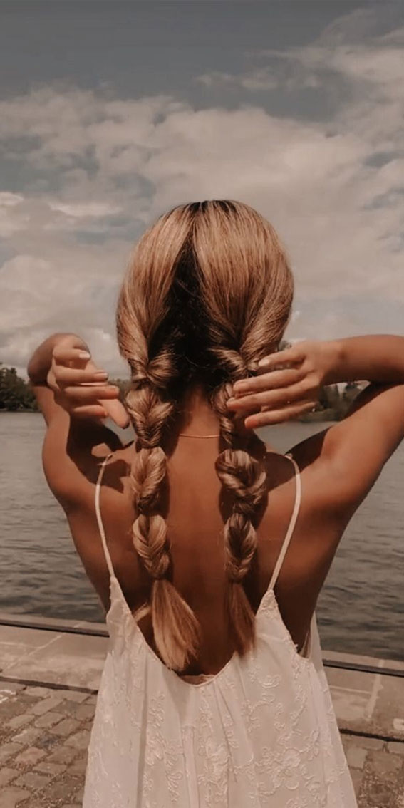 45 Cute Hairstyles for Summer & Beach Days : Pull Through Bubble Double Braids