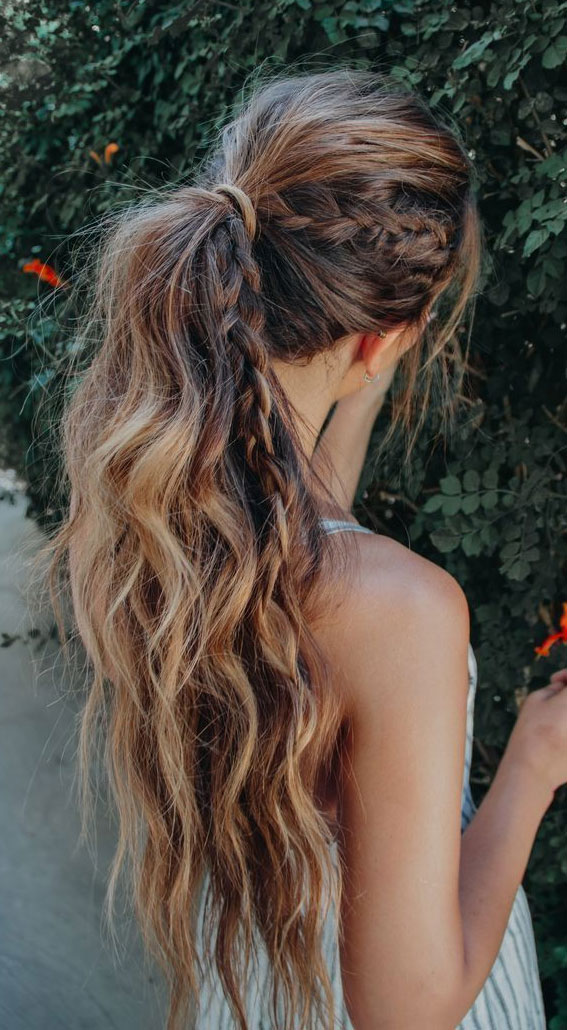 45 Cute Hairstyles for Summer & Beach Days : Textured Ponytail + Braids