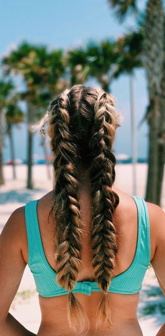 45 Cute Hairstyles for Summer & Beach Days :Simple Double Braids
