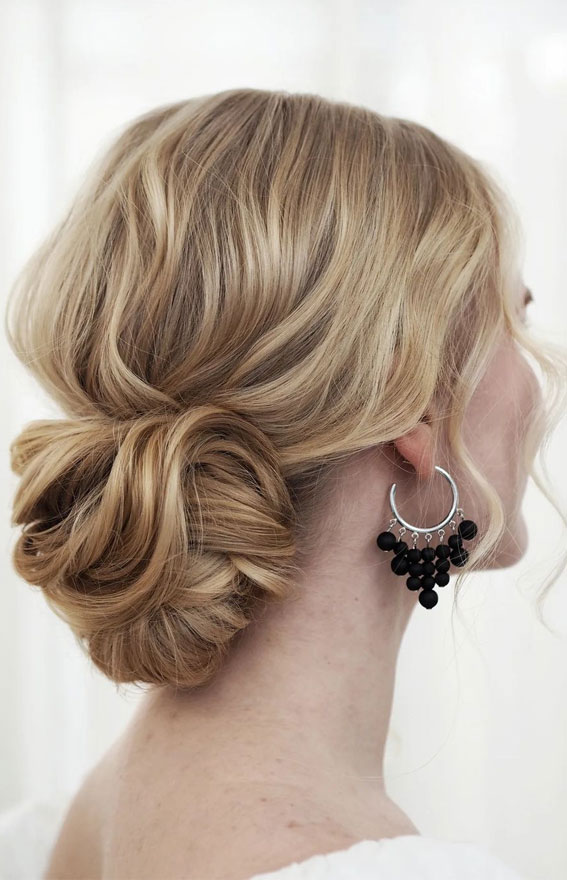 40 Updo Hairstyles Perfect For Any Occasion : Golden Blonde Textured Low Bun