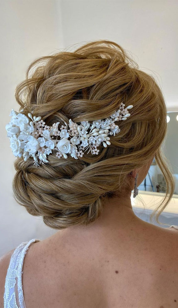 40 Updo Hairstyles Perfect For Any Occasion : Textured Blonde Updo + Rose Hair Vine