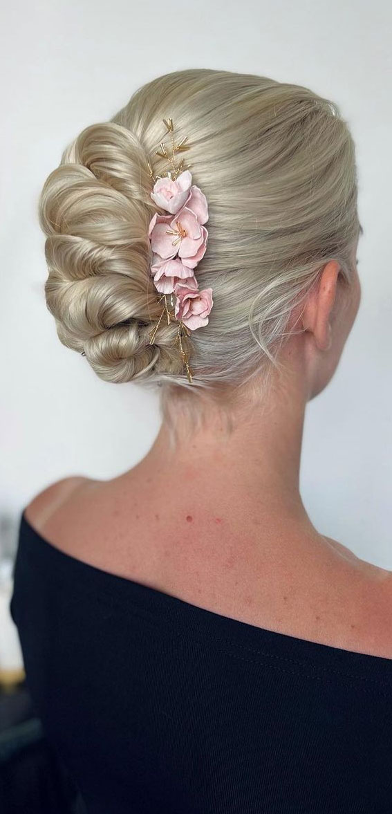 40 Updo Hairstyles Perfect For Any Occasion : Layered Updo with Pink Floral