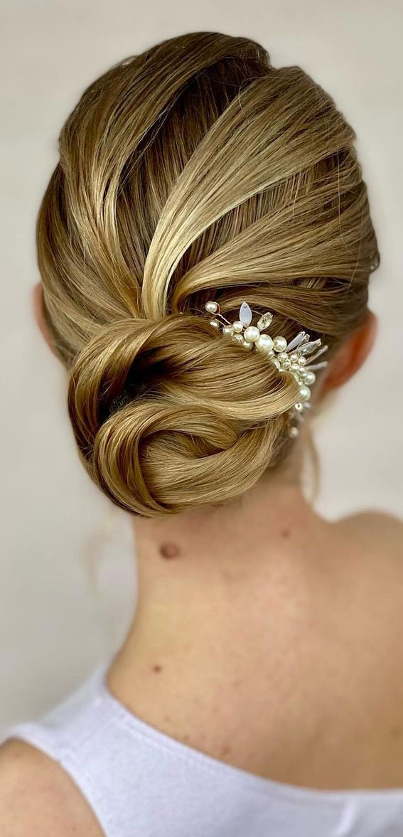 40 Updo Hairstyles Perfect For Any Occasion : Dirty Blonde Classic Low Bun